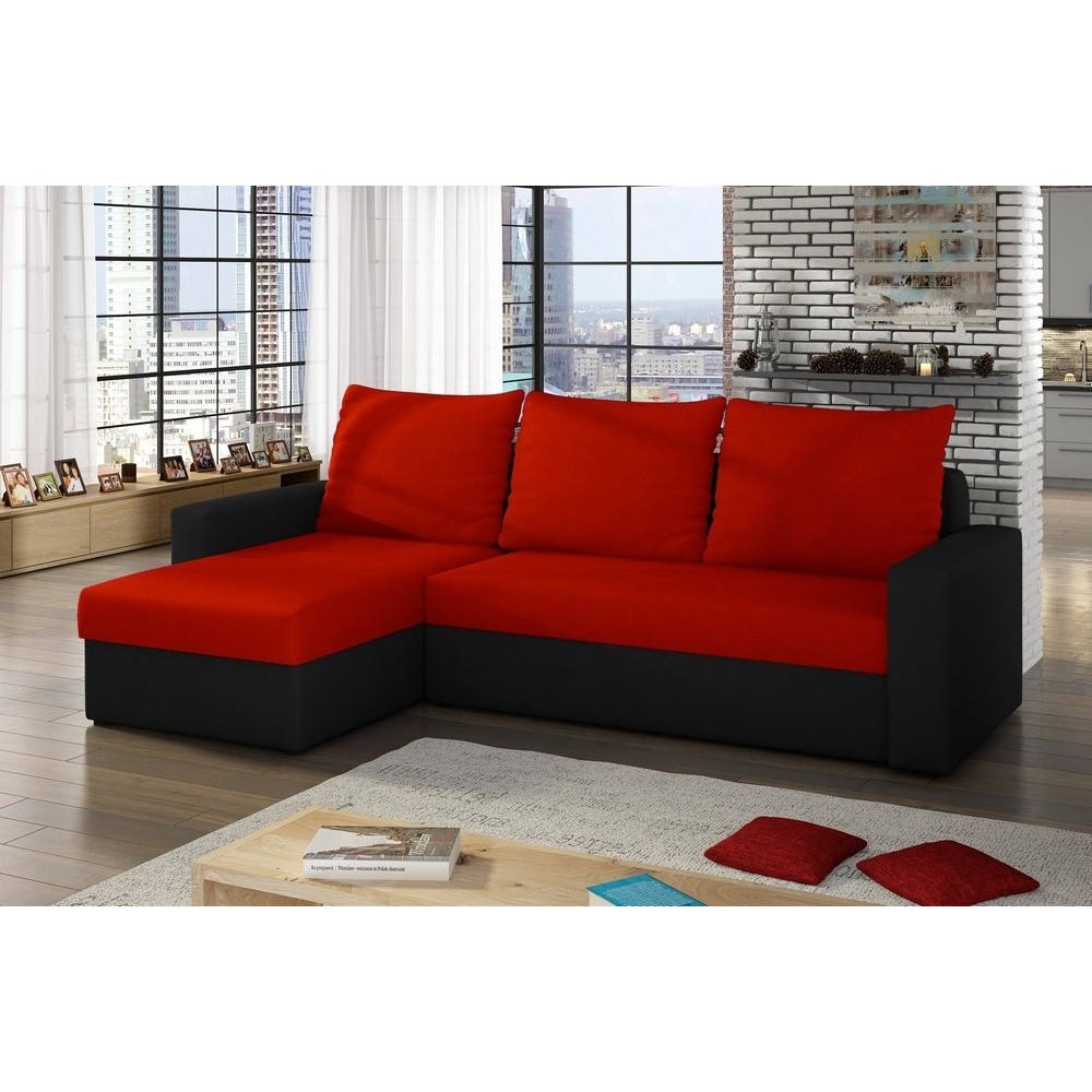 Canapé d'angle convertible en tissu, rangement, rouge/noir, angle gauche (vu de face), LIMA, 4 places