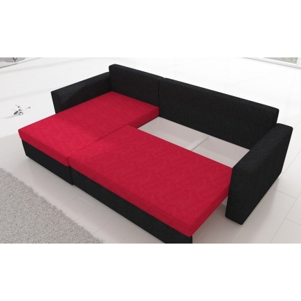 Canapé d'angle convertible en tissu, rangement, rouge/noir, angle gauche (vu de face), LIMA, 4 places