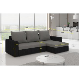 Canapé d'angle convertible en tissu, rangement, noir/gris, angle droit (vu de face), LIMA