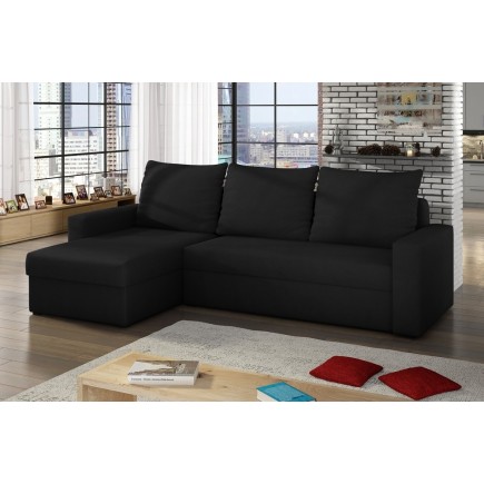 Canapé d'angle convertible en tissu, rangement, noir uni, angle gauche (vu de face), LIMA, 4 places
