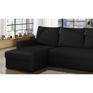 Canapé d'angle convertible en tissu, rangement, noir uni, angle gauche (vu de face), LIMA
