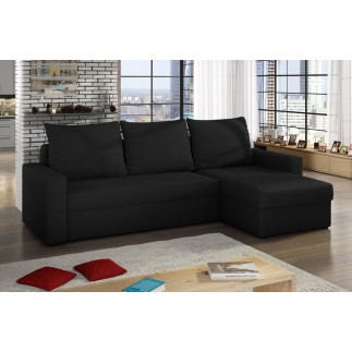 Canapé d'angle convertible en tissu, rangement, noir uni, angle droit (vu de face), LIMA, 4 places