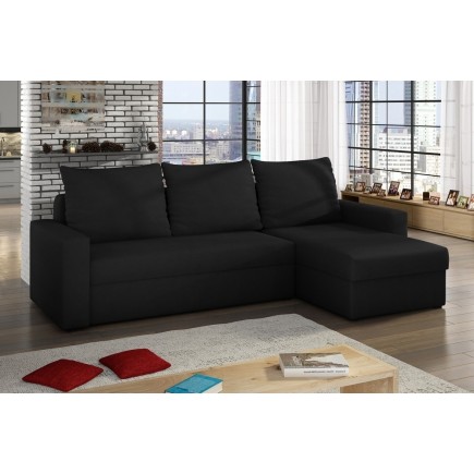 Canapé d'angle convertible en tissu, rangement, noir uni, angle droit (vu de face), LIMA, 4 places