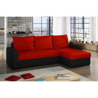 Canapé d'angle convertible en tissu, rangement, rouge/noir, angle droit (vu de face), LIMA