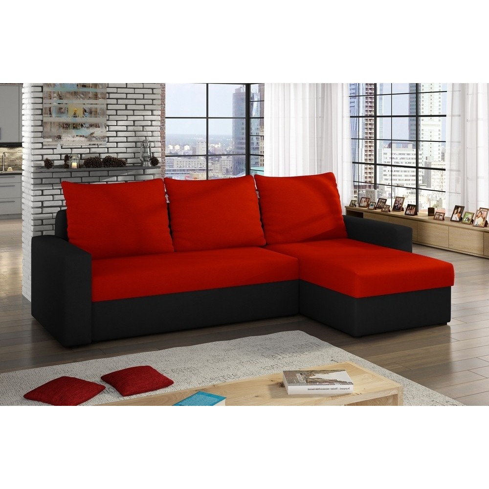 Canapé d'angle convertible en tissu, rangement, rouge/noir, angle droit (vu de face), LIMA, 4 places
