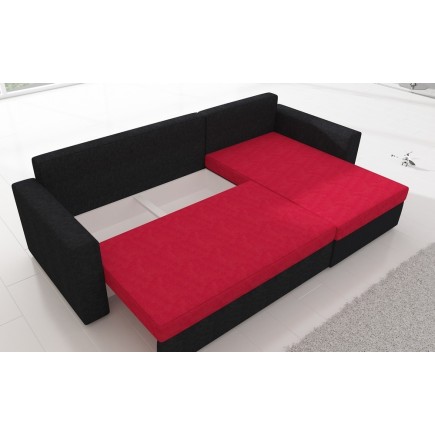 Canapé d'angle convertible en tissu, rangement, rouge/noir, angle droit (vu de face), LIMA, 4 places