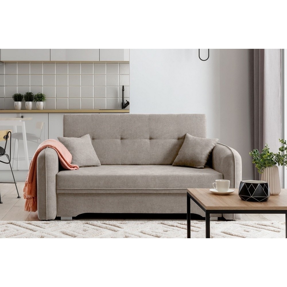 Joli canapé convertible avec rangement en tissu beige, LAURENT, 2 places