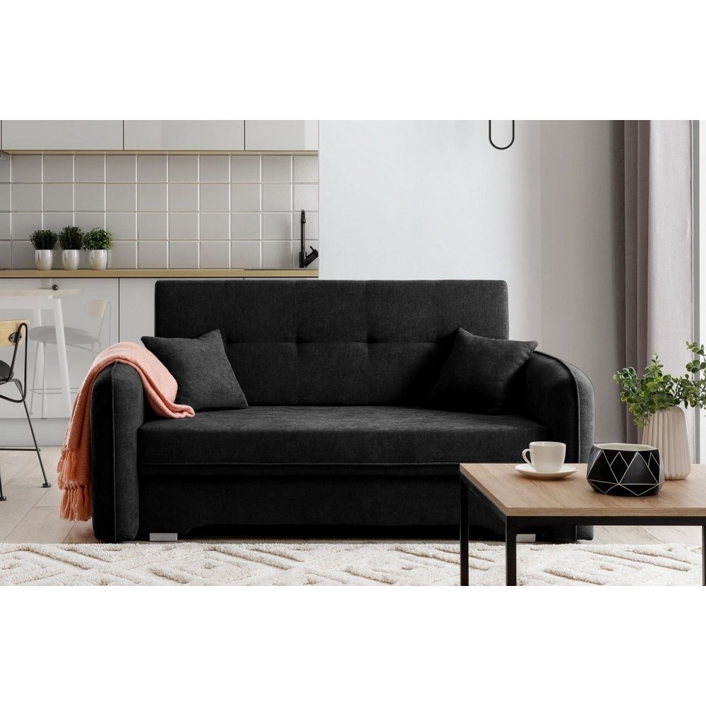 Joli canapé convertible avec rangement en tissu noir, LAURENT, 2 places