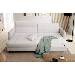 Canapé d'angle convertible - en tissu, avec rangement, blanc, angle gauche, GOVIA