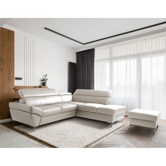 Canapé d'angle convertible en cuir italien luxe 5 places, MEMEZO, coffre, BEIGE, angle droit