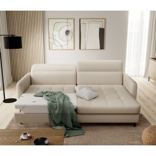 Canapé d'angle convertible en tissu, avec rangement, blanc, angle droit, GOVIA