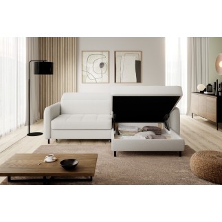 Canapé d'angle convertible en tissu, avec rangement, blanc, angle droit, GOVIA