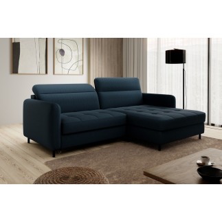Canapé d'angle convertible en tissu, avec rangement, bleu, angle droit, GOVIA