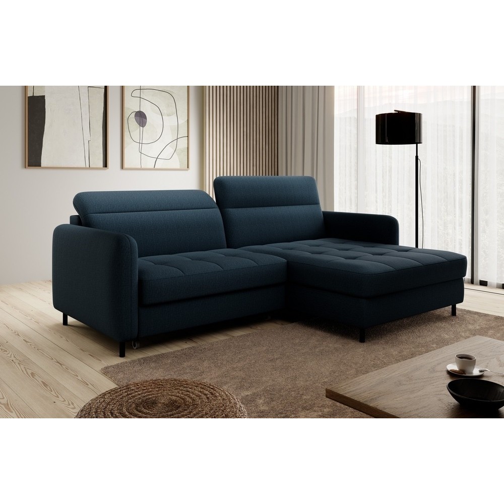Canapé d'angle convertible en tissu, avec rangement, bleu, angle droit, GOVIA, 3 places