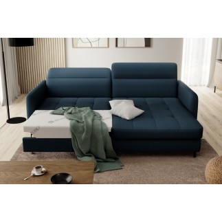 Canapé d'angle convertible en tissu, avec rangement, bleu, angle droit, GOVIA