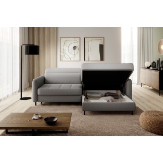 Canapé d'angle convertible en tissu, avec rangement, gris, angle droit, GOVIA