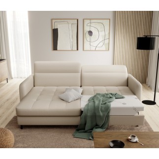 Canapé d'angle convertible - en tissu, avec rangement, beige, angle gauche, GOVIA