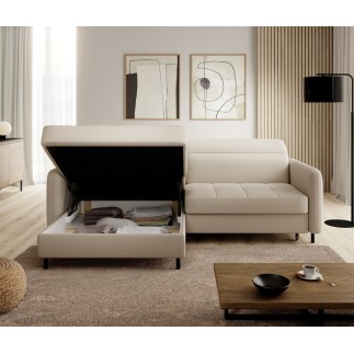 Canapé d'angle convertible - en tissu, avec rangement, beige, angle gauche, GOVIA