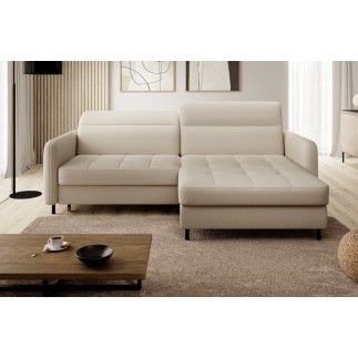 Canapé d'angle convertible en tissu, avec rangement, beige, angle droit, GOVIA