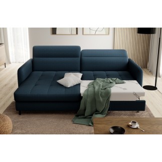 Canapé d'angle convertible - en tissu, avec rangement, bleu, angle gauche, GOVIA