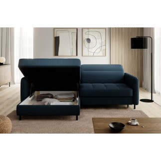 Canapé d'angle convertible - en tissu, avec rangement, bleu, angle gauche, GOVIA