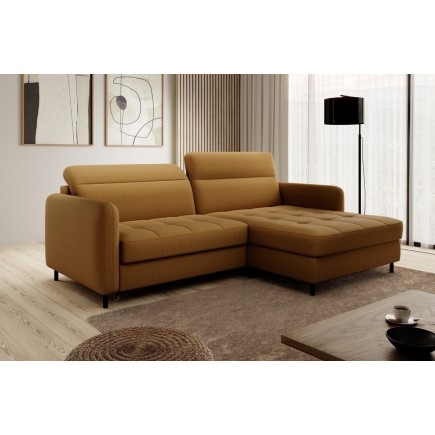 Canapé d'angle convertible en tissu, avec rangement, moutarde, angle droit, GOVIA, 3 places