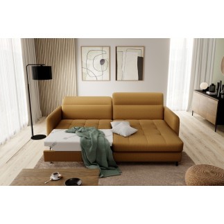 Canapé d'angle convertible en tissu, avec rangement, moutarde, angle droit, GOVIA