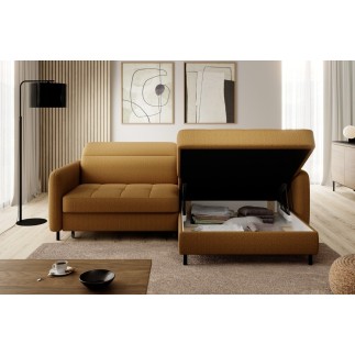Canapé d'angle convertible en tissu, avec rangement, moutarde, angle droit, GOVIA