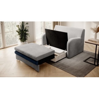Joli canapé convertible avec rangement en velours gris et bleu, ARIEL