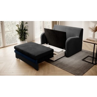 Joli canapé convertible avec rangement en velours gris antracite et bleu, ARIEL
