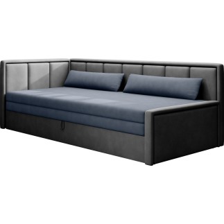 Canapé convertible en tissu avec rangement, bleu et gris, angle gauche, FULA