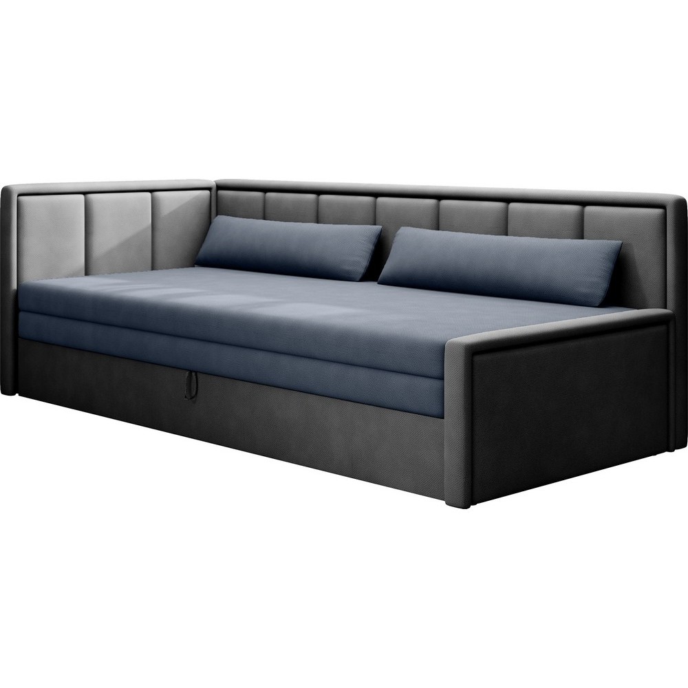 Canapé convertible en tissu avec rangement, bleu et gris, angle gauche, FULA, 3 places