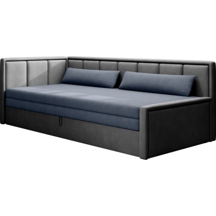 Canapé convertible en tissu avec rangement, bleu et gris, angle gauche, FULA