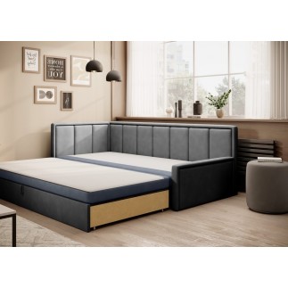 Canapé convertible en tissu avec rangement, bleu et gris, angle gauche, FULA