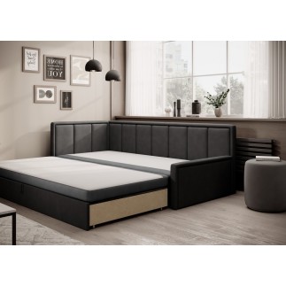 Canapé convertible en tissu avec rangement, bleu et gris, angle gauche, FULA