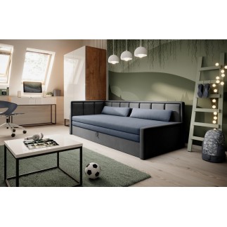 Canapé convertible en tissu avec rangement, bleu et gris, angle gauche, FULA