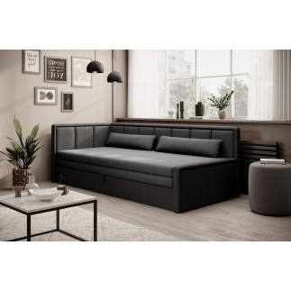 Canapé convertible en tissu avec rangement, gris et noir, angle gauche, FULA