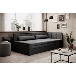 Canapé convertible en tissu avec rangement, gris et noir, angle DROIT, FULA, 3 places