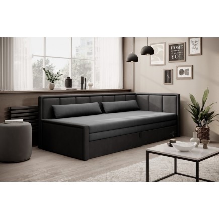Canapé convertible en tissu avec rangement, gris et noir, angle DROIT, FULA, 3 places