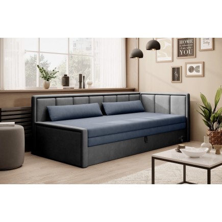 Canapé convertible en tissu avec rangement, bleu et gris, angle droit, FULA