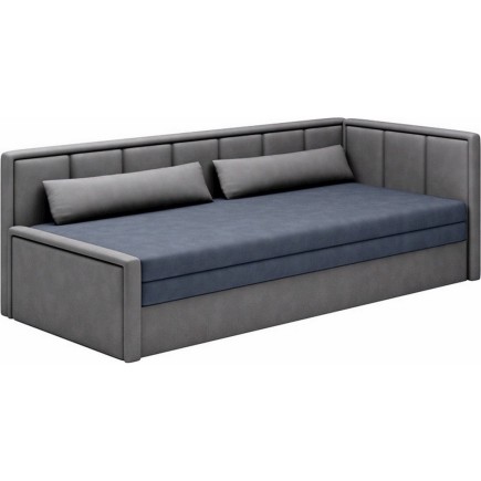 Canapé convertible en tissu avec rangement, bleu et gris, angle droit, FULA, 3 places