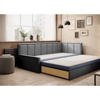 Canapé convertible en tissu avec rangement, bleu et gris, angle droit, FULA