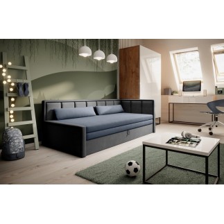 Canapé convertible en tissu avec rangement, bleu et gris, angle droit, FULA