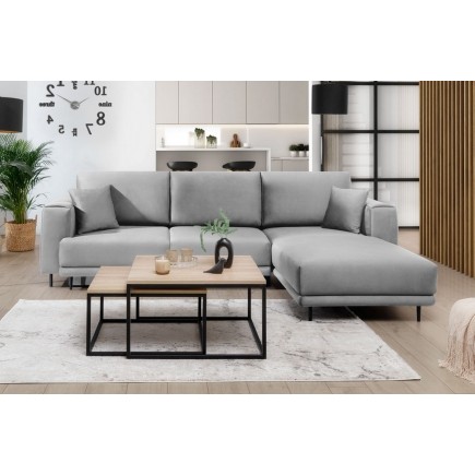 Canapé d'angle convertible en velours, avec rangement, gris, angle droit, DALLAS