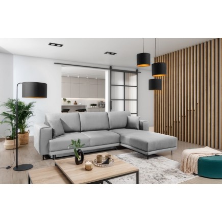 Canapé d'angle convertible en velours, avec rangement, gris, angle droit, DALLAS, 4 places