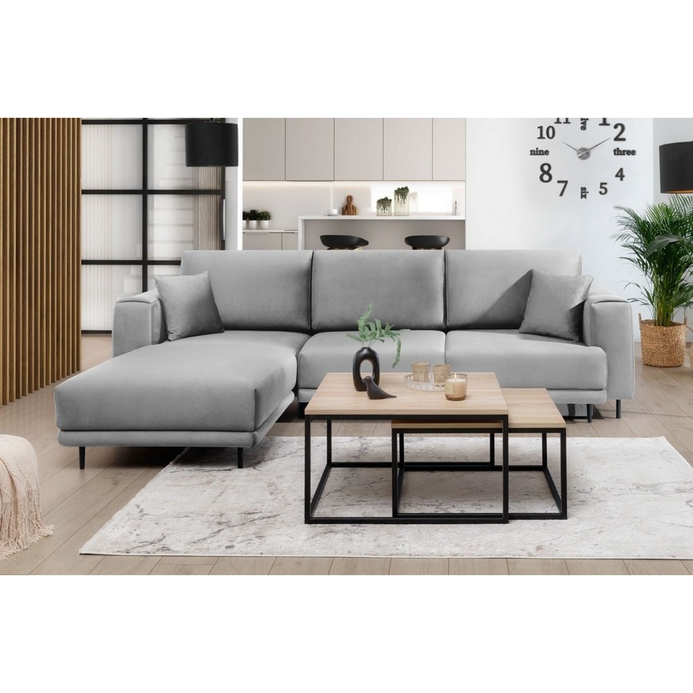 Canapé d'angle convertible - en velours, avec rangement, gris, angle gauche, DALLAS, 4 places