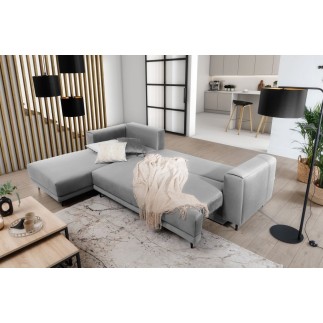 Canapé d'angle convertible - en velours, avec rangement, gris, angle gauche, DALLAS
