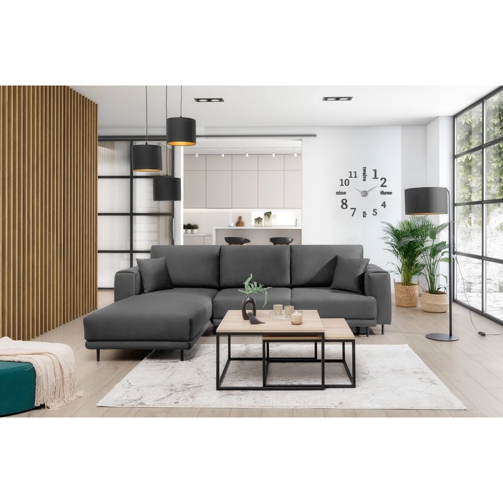 Canapé d'angle convertible en velours, avec rangement, gris foncé, angle gauche, DALLAS, 4 places