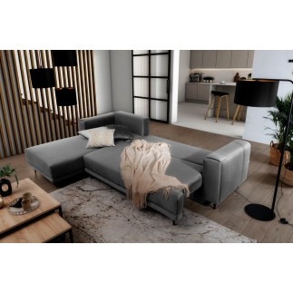 Canapé d'angle convertible en velours, avec rangement, gris foncé, angle gauche, DALLAS