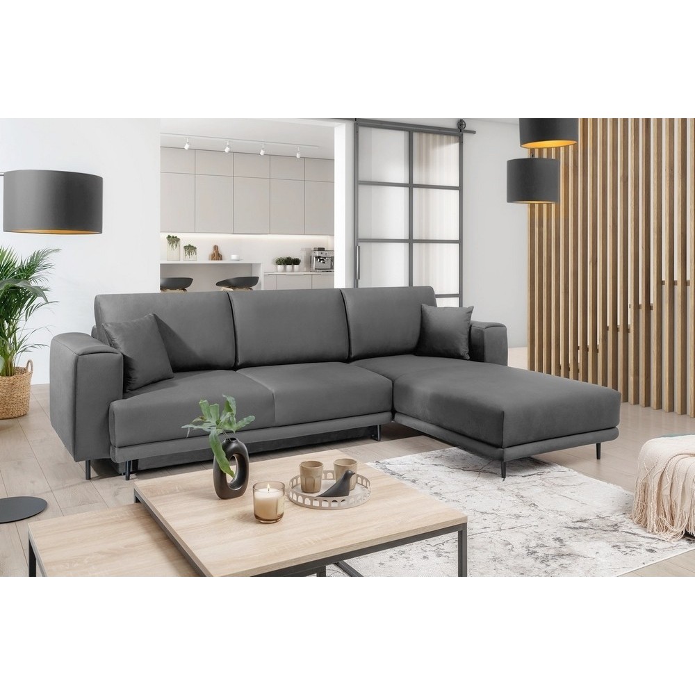 Canapé d'angle convertible en velours, avec rangement, gris foncé, angle droit, DALLAS, 4 places
